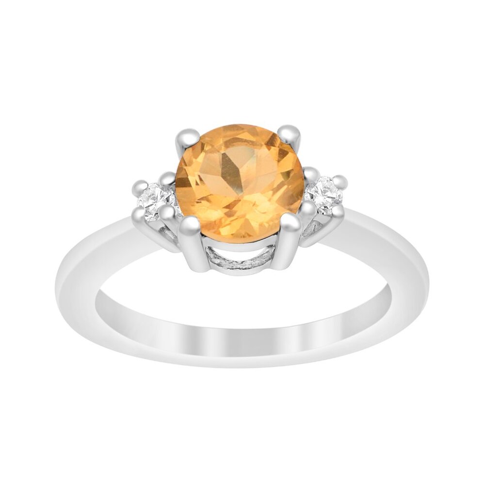 Solid 925 Sterling Silver Three Stone Ring 8MM Round Shape Citrine Women Ring